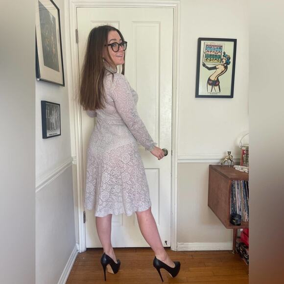 70s Vintage Silver Knit Lurex Faux Wrap Dress - Picture 3 of 6